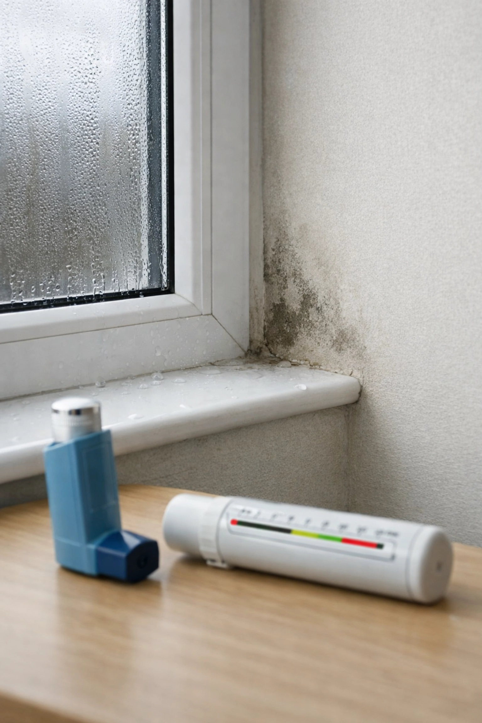 Asthma inhaler and peak-flow meter near a damp wall, illustrating the impact of housing on respiratory health UK.