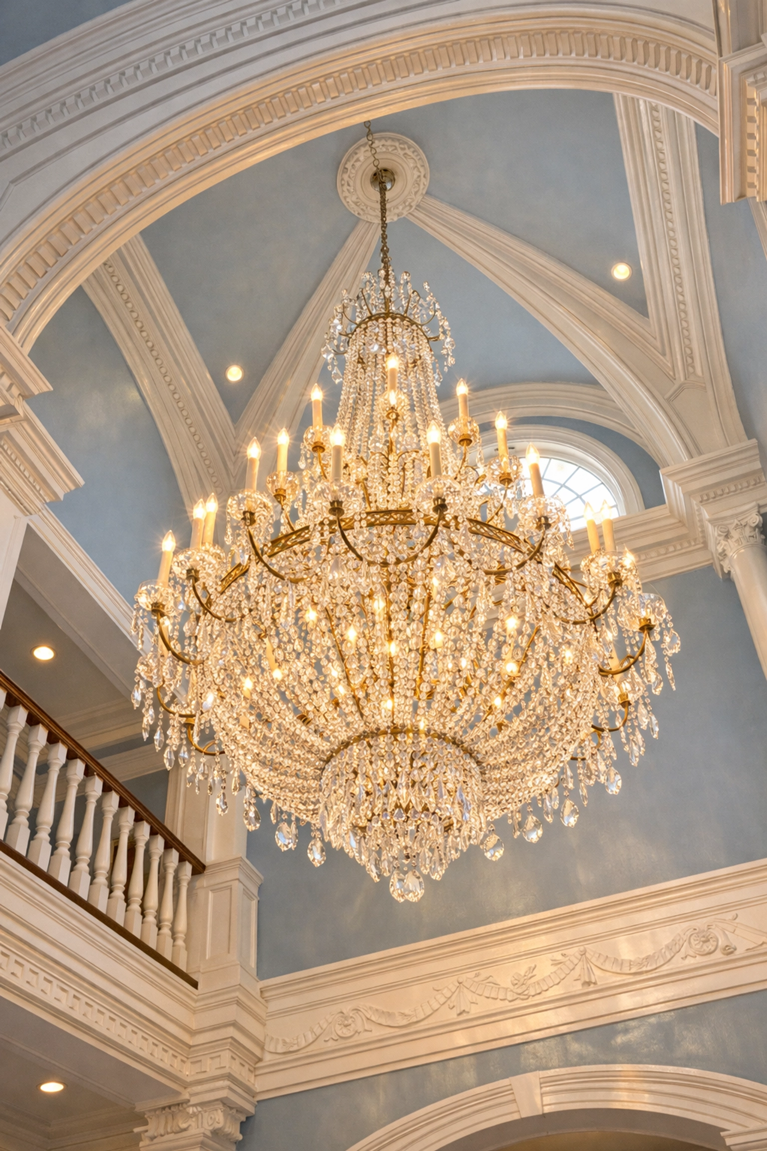 High-reach dusting of a crystal chandelier in a Dover estate to avoid common luxury cleaning mistakes.