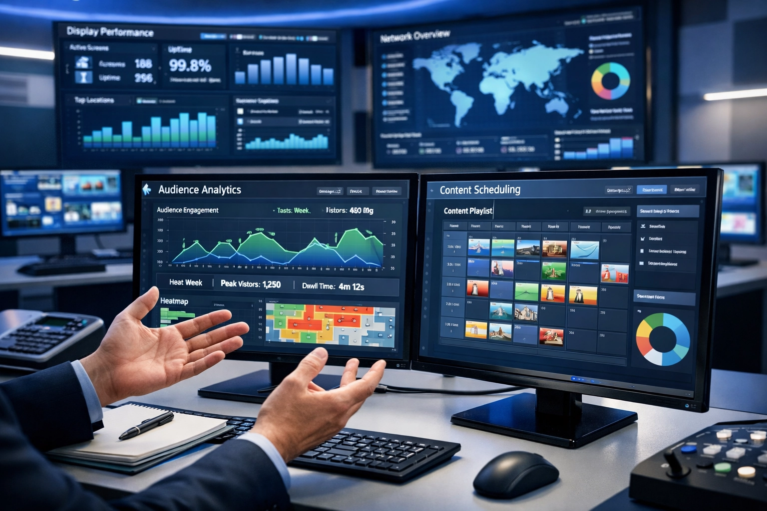 Digital signage control room with analytics dashboards showing real-time performance metrics and strategic planning