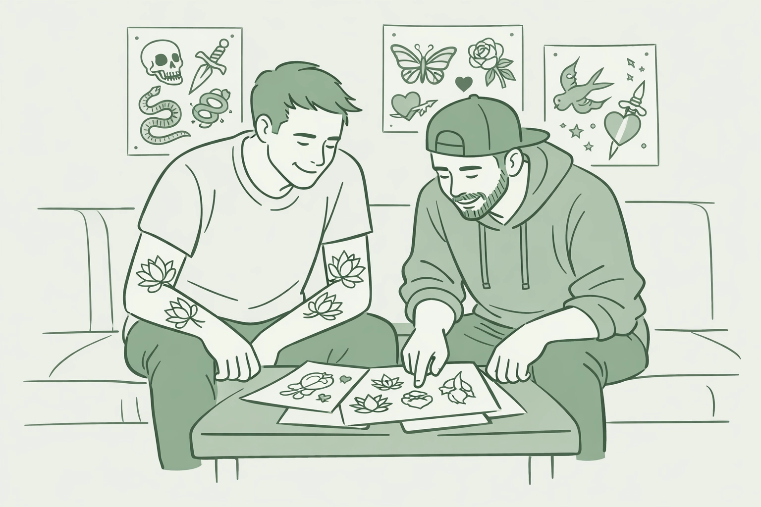 Gay men choosing lotus flower tattoo designs in tattoo parlor together