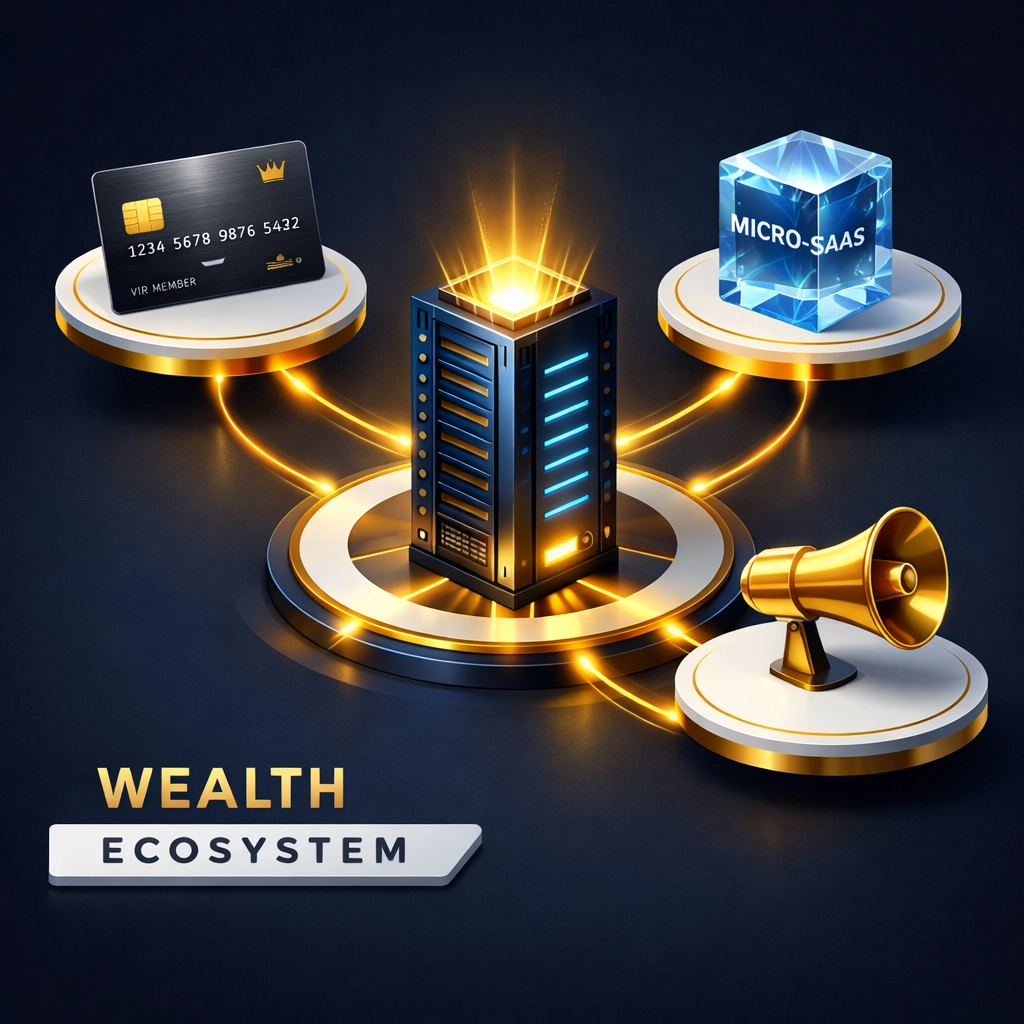 A digital ecosystem visualization of tech blog monetization through SaaS, affiliates, and sponsorships.