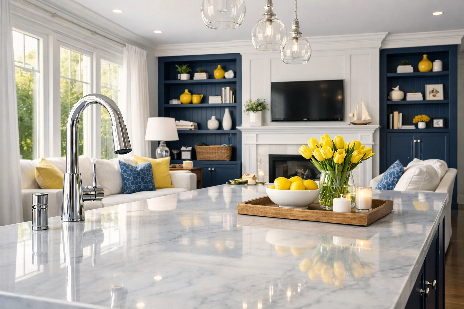 Sparkling kitchen with marble countertops showcasing professional house cleaning Ashburnham MA results.