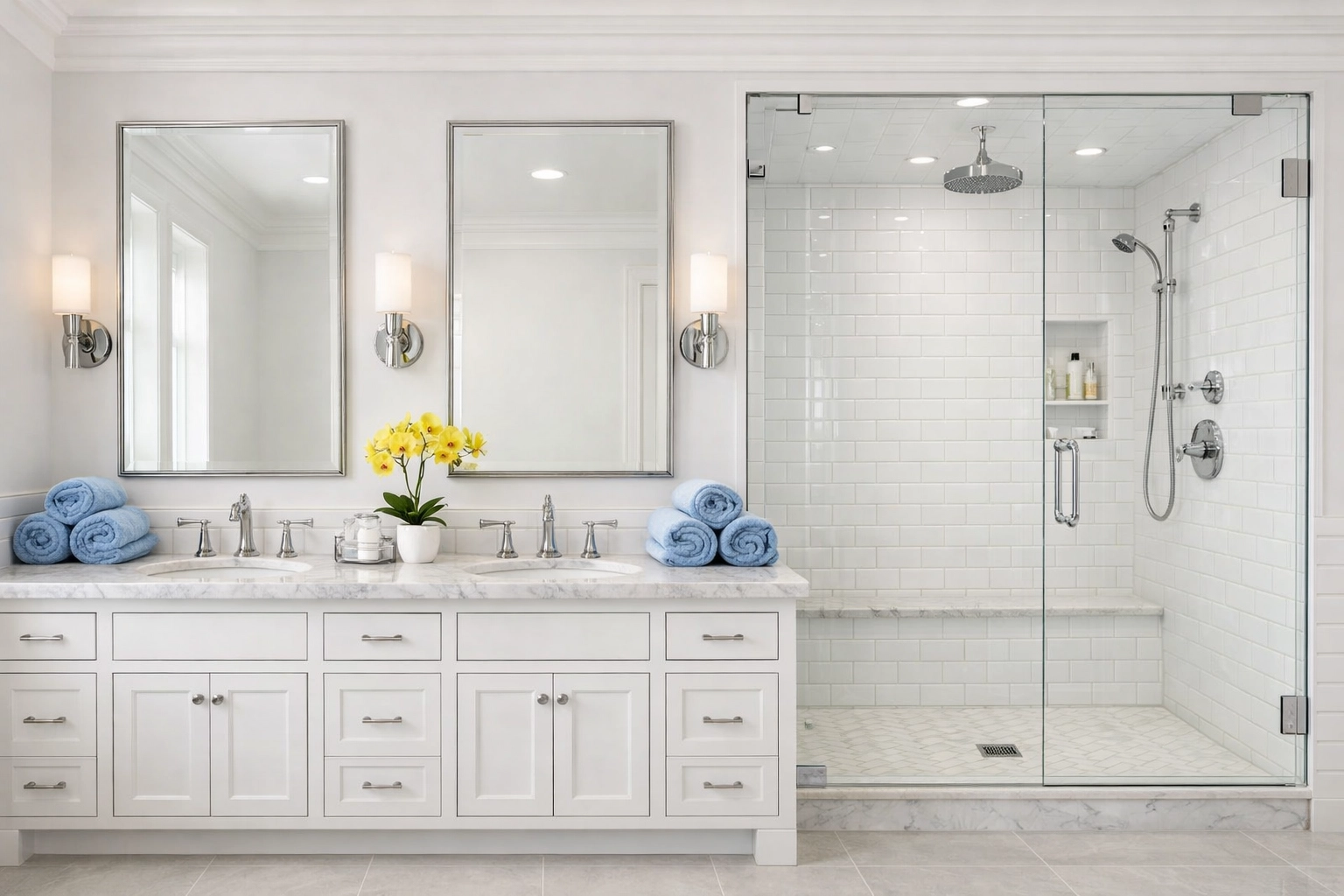 Sanitized luxury bathroom with polished chrome fixtures and streak-free mirrors in a Winchester residence.