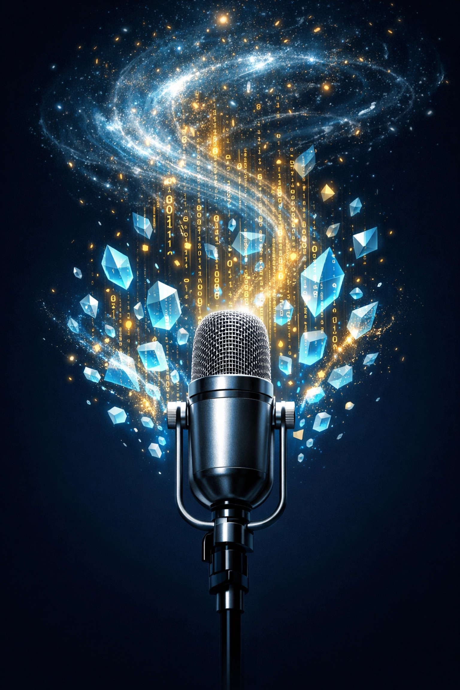 Professional microphone transforming voice into digital data and code for podcast SEO and AI search indexing.