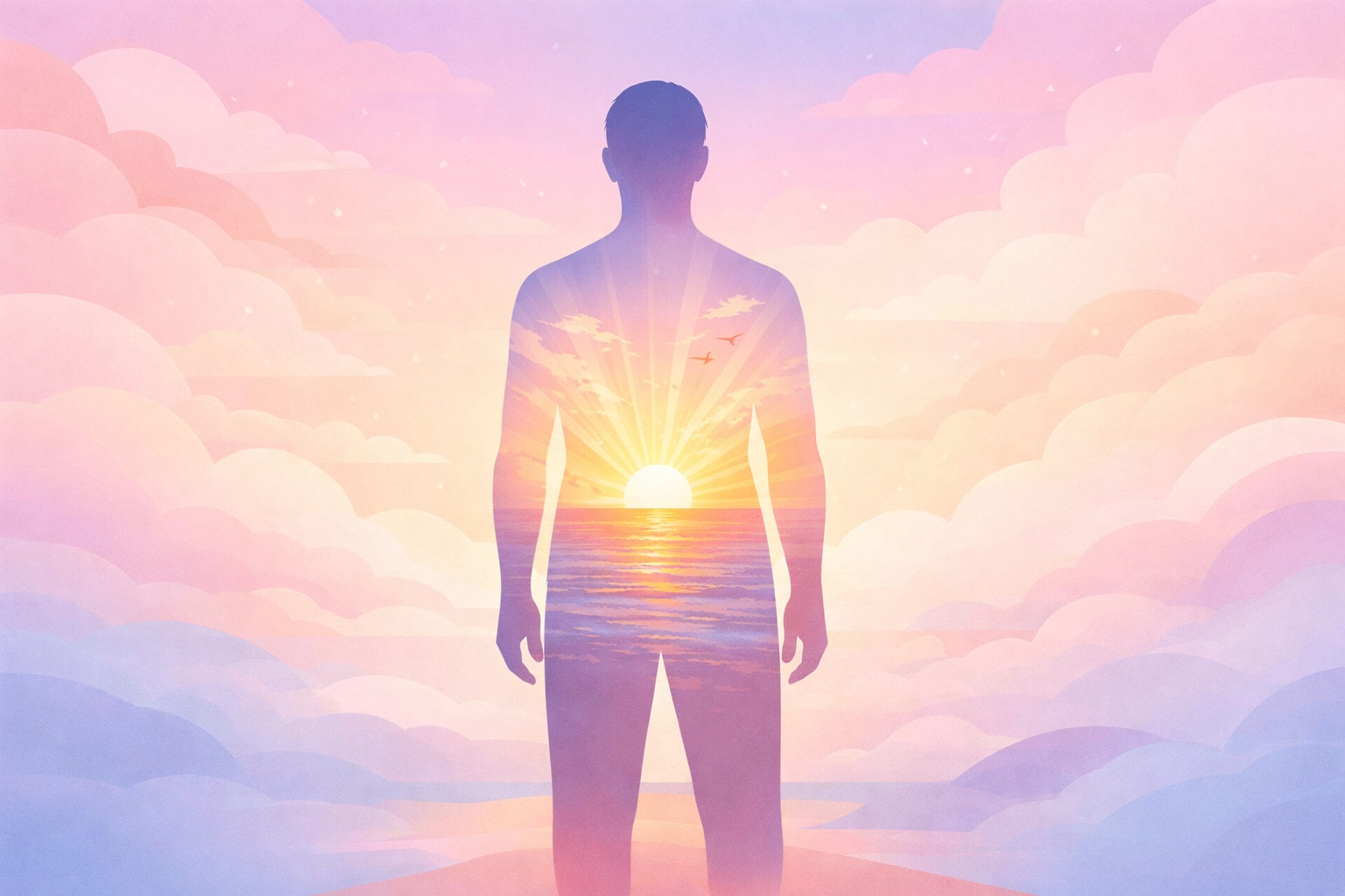 Ilustrasi siluet manusia dengan matahari terbit di dalamnya menggambarkan kekuatan dan pemulihan batin.