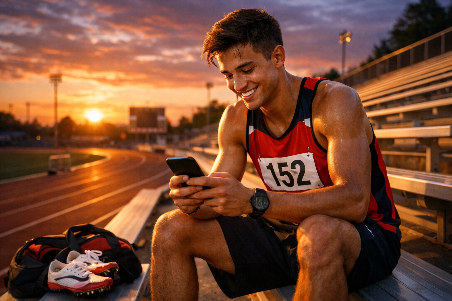 Track athlete engaging with fans on social media during training for year-round brand partnerships