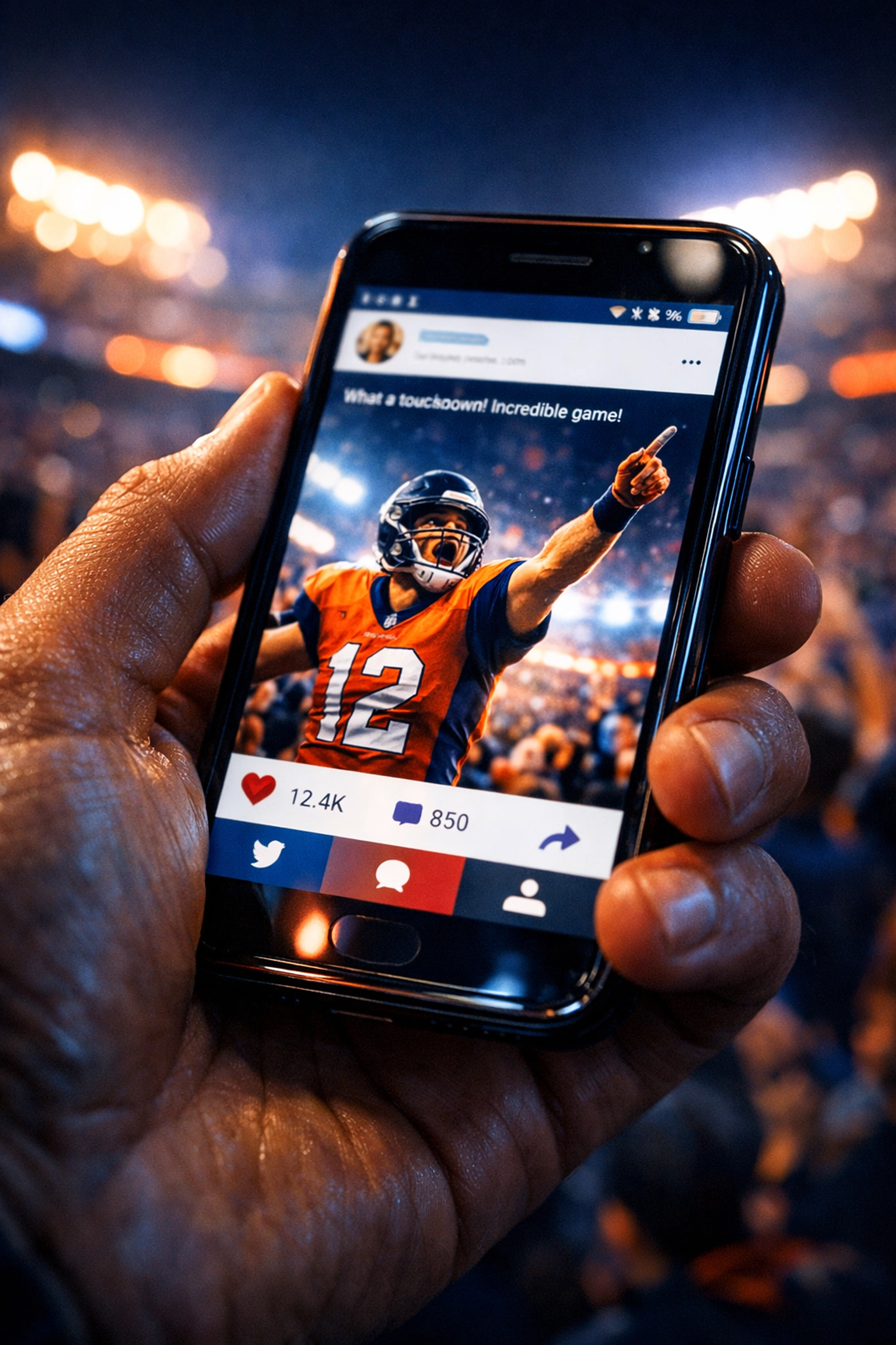 Hand holding a smartphone showing a popular athlete's social media post to demonstrate NIL engagement.