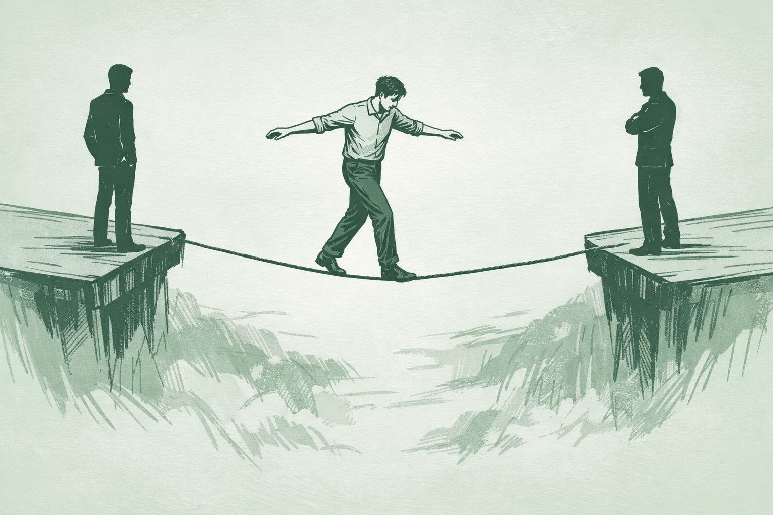 Man balancing on tightrope between secret lovers - gay psychological fiction The Price of Desire