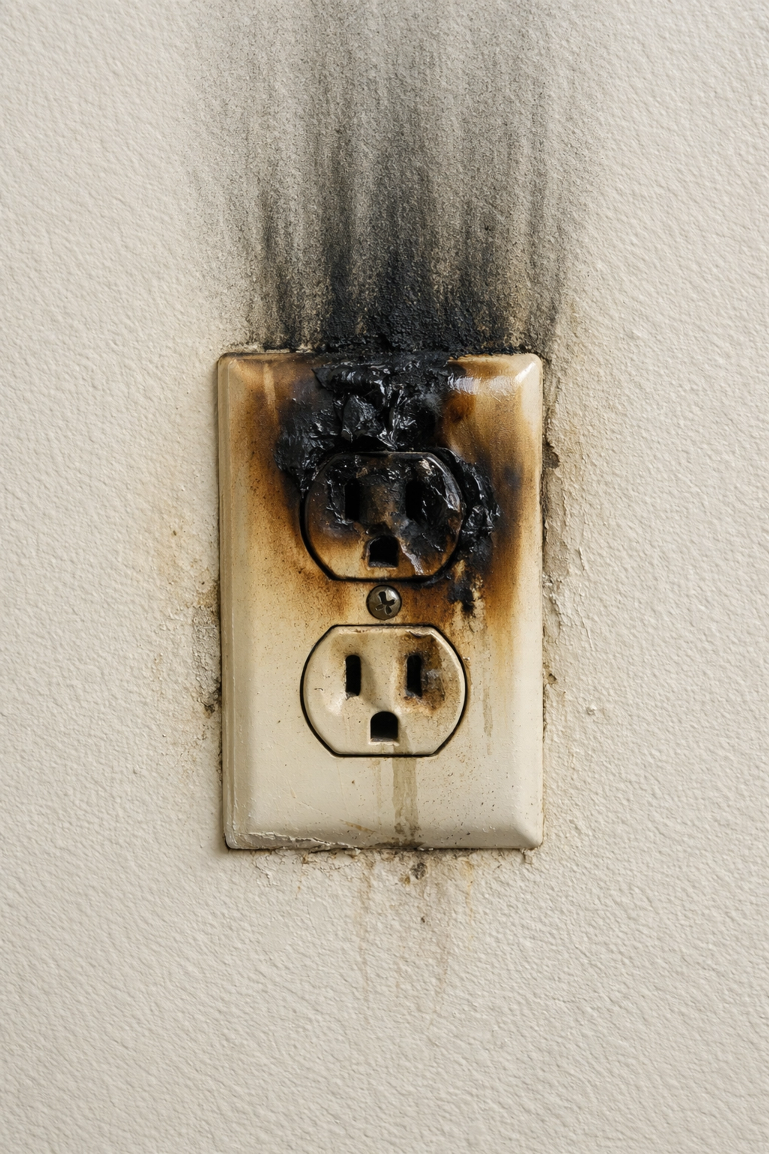 A charred and melted electrical outlet cover showing fire damage and soot on a wall after a circuit overload.