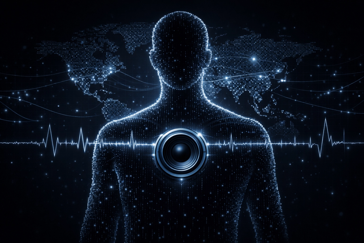 Dark premium studio scene with a cool blue global network/map overlay and audio waveform motif, conveying worldwide connection.