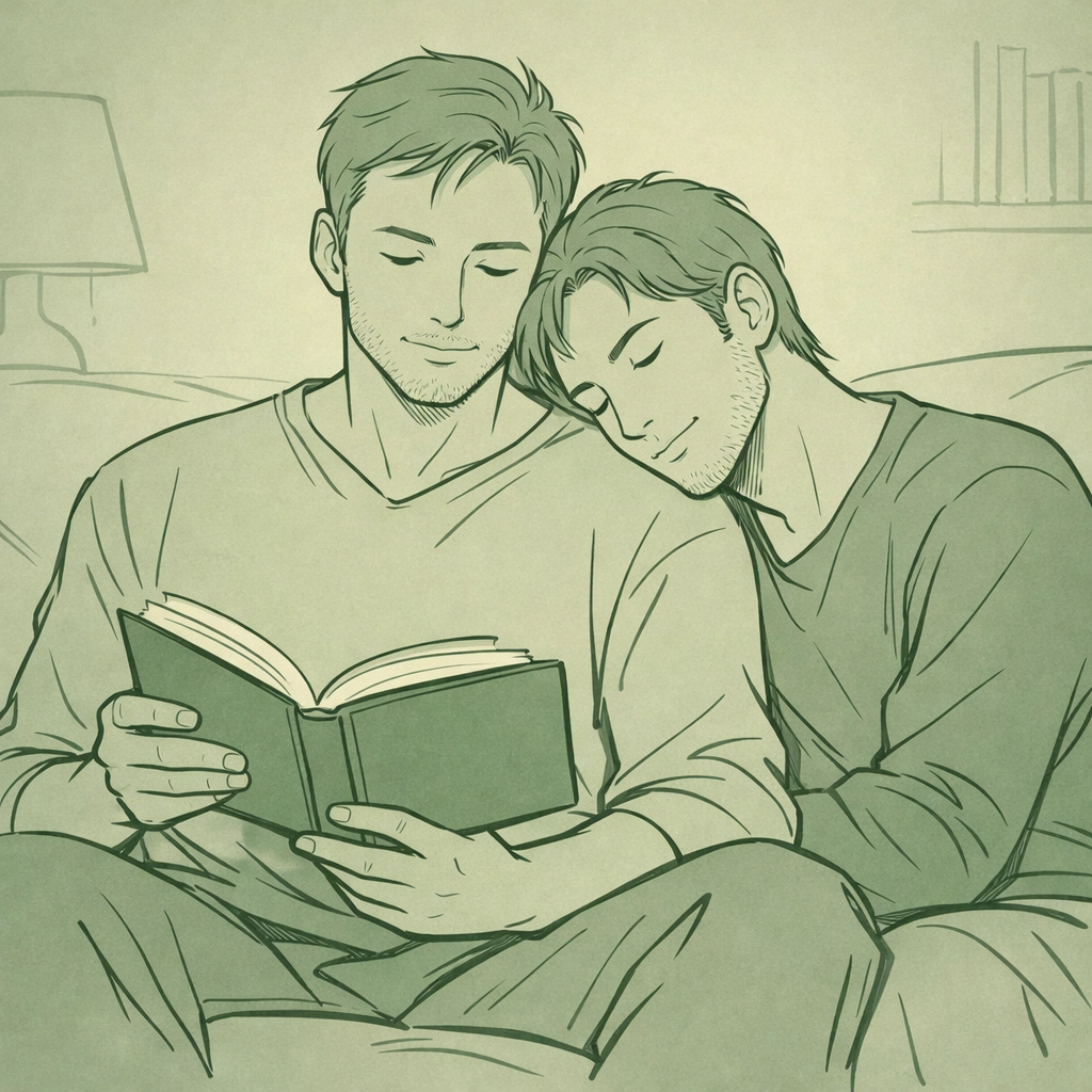 Two men reading together on couch - character-driven MM romance with emotional intimacy