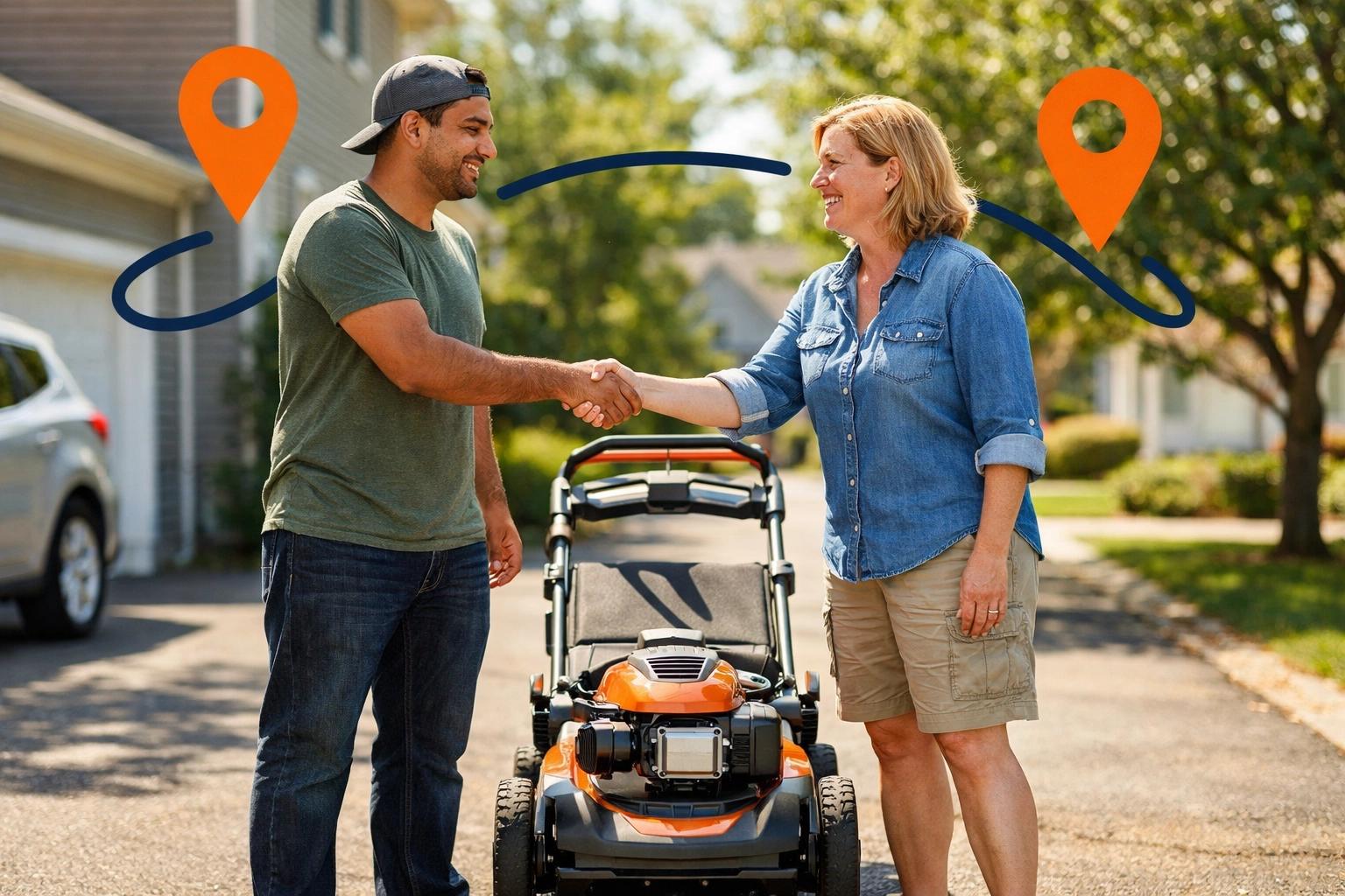 Neighbors in Woburn shaking hands over a lawn mower rental, promoting the local sharing economy.