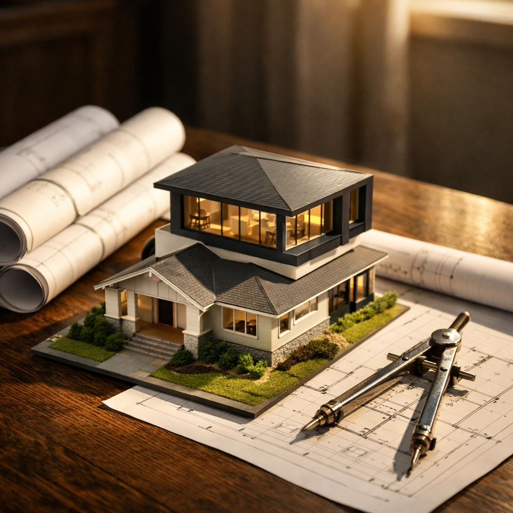 Architectural plans and scale model for a West Sussex bungalow transformation and second-floor extension.