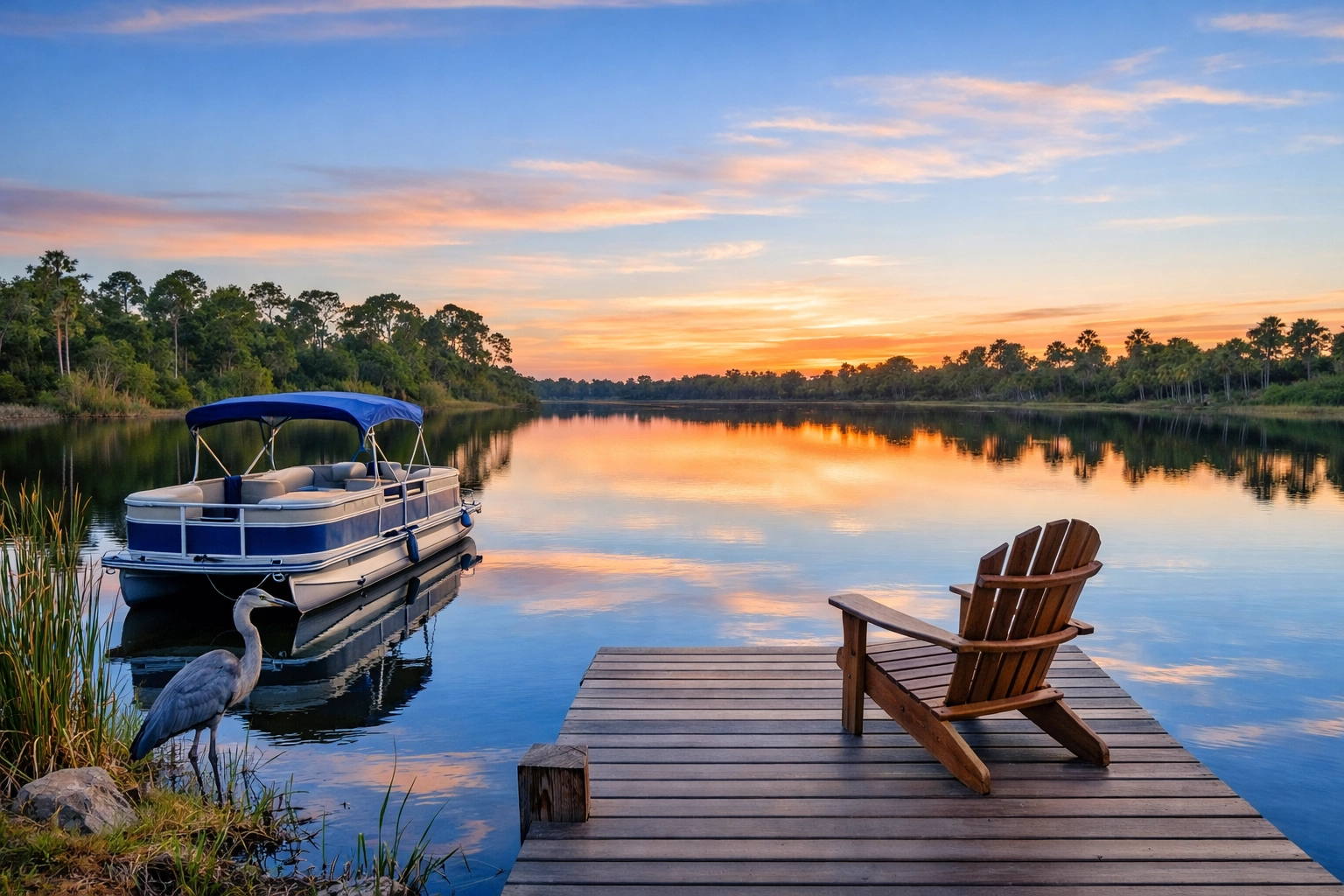 Peaceful lakefront dock in Southwest Florida with great blue heron and calm water at sunset