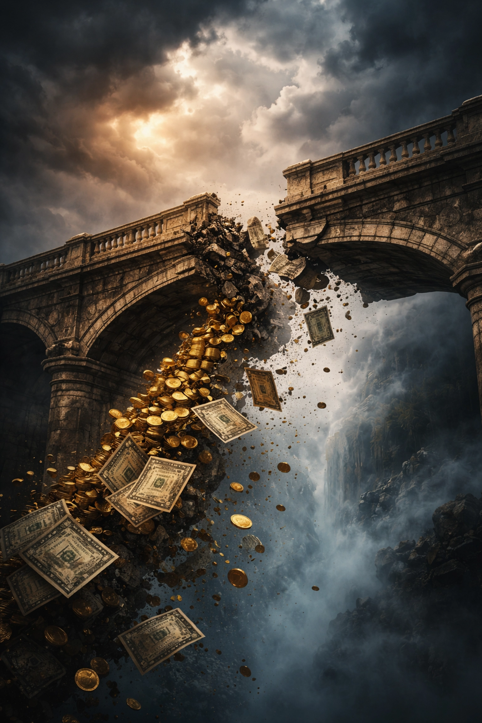 A crumbling stone bridge with gold coins and bonds falling, symbolizing the risks of the traditional 60/40 portfolio strategy.