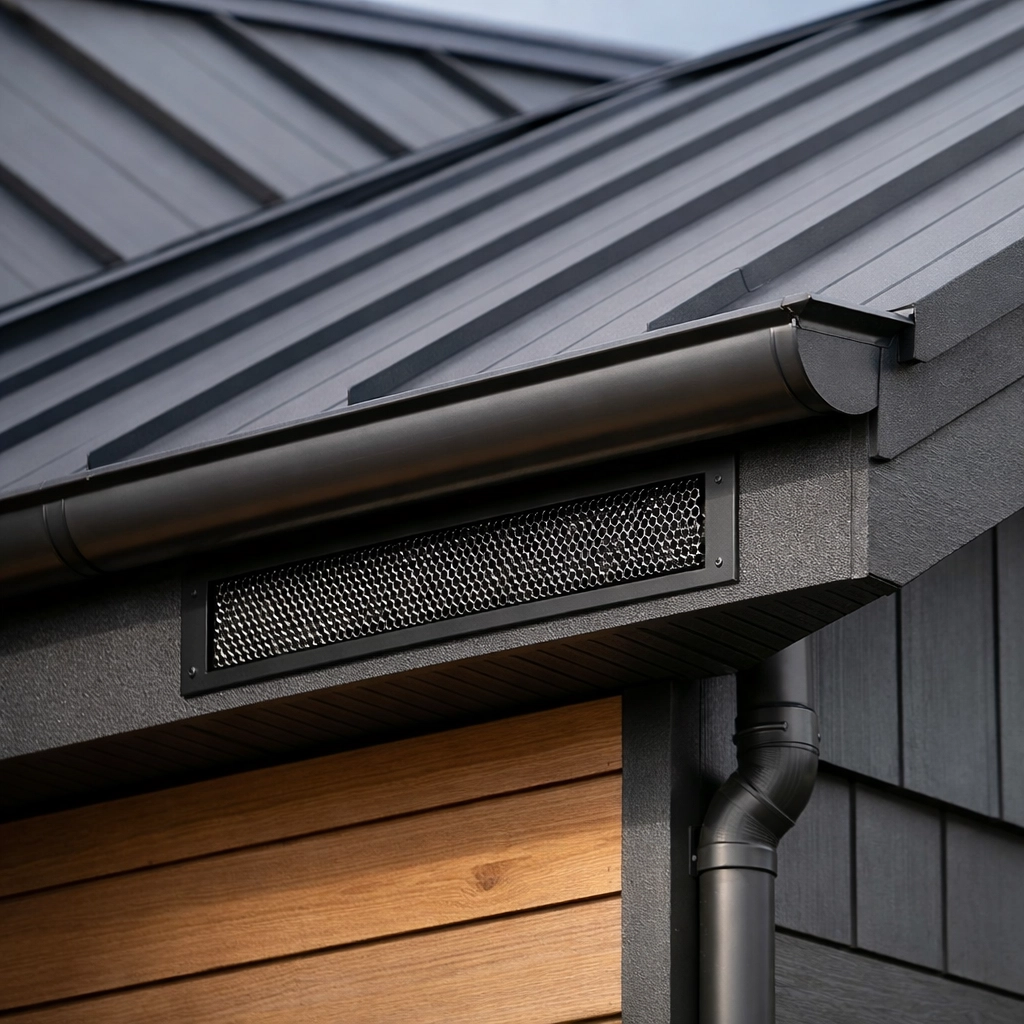 Metal roof with ember-resistant vents and clean gutters for wildfire protection