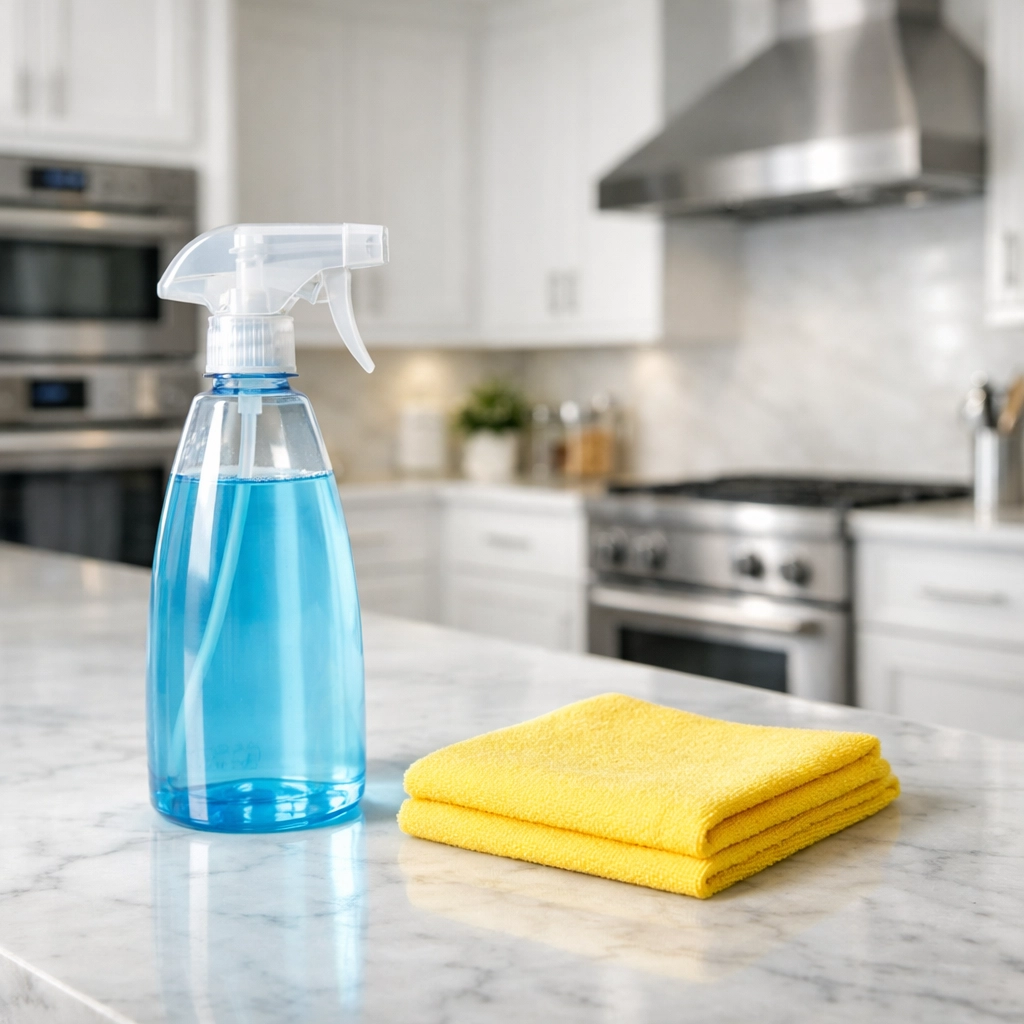 Eco-friendly cleaning supplies on a Westford kitchen counter, allowing for proper dwell time.