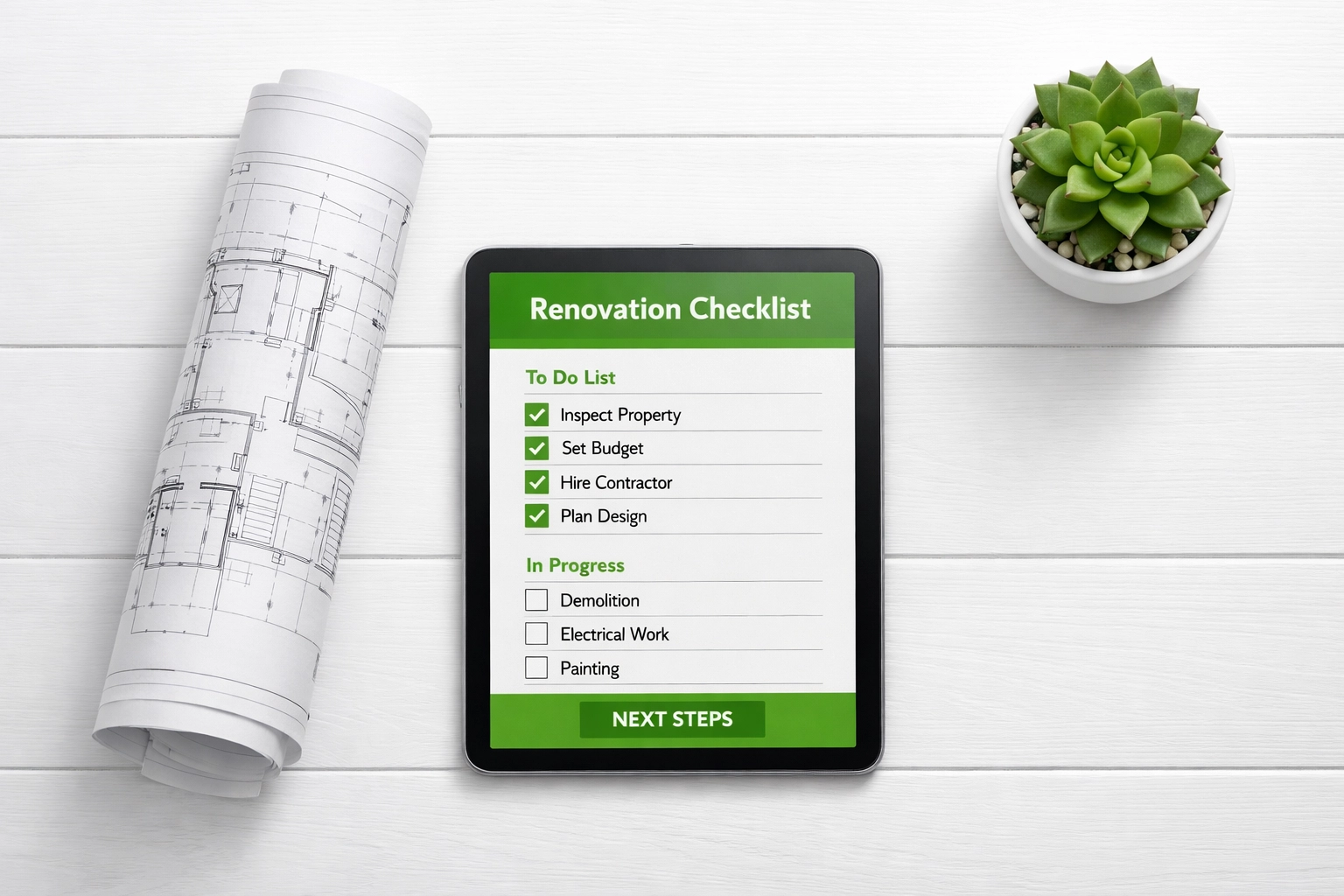 Investor planning for a Philadelphia property flip with blueprints and a renovation checklist on a tablet.