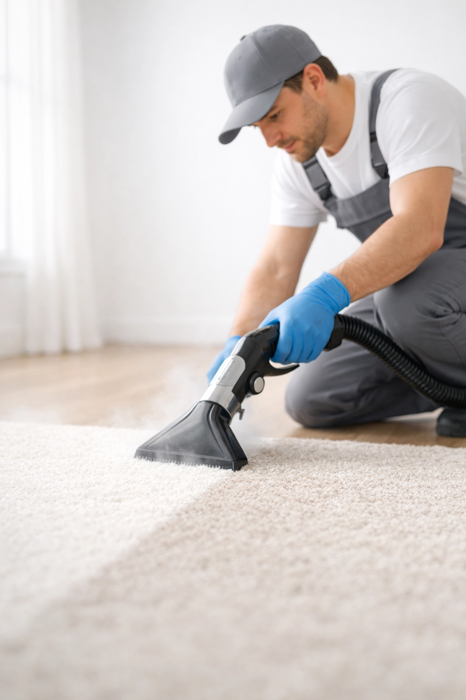 Professional cleaner steam cleaning carpet during apartment turnover preparation