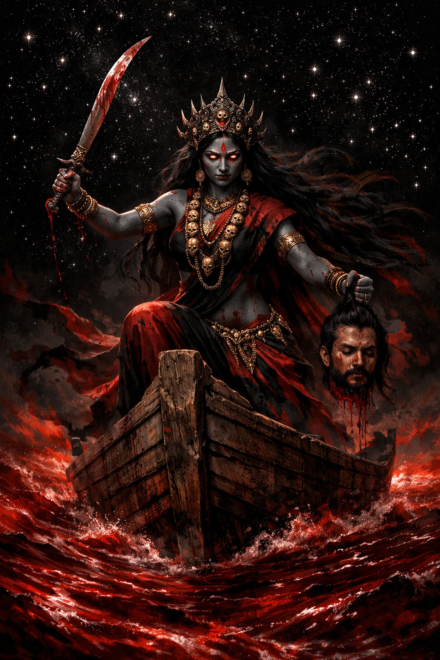 South Asian woman as Goddess Kali on a boat in a crimson river under a starry dark night sky.