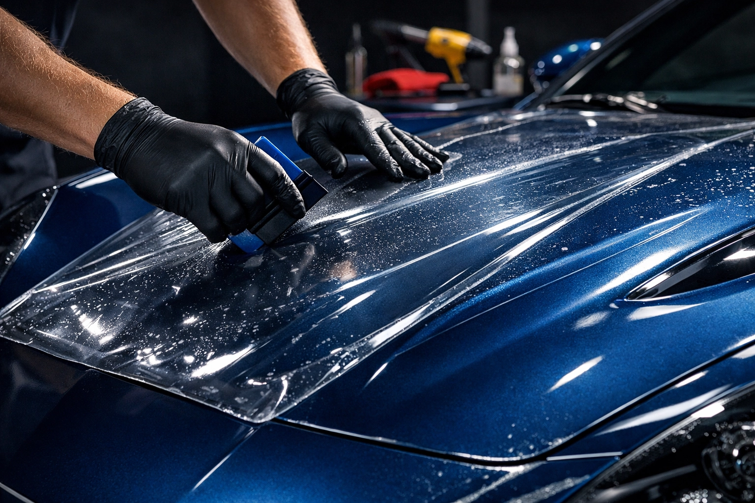 Professional PPF installation on luxury sports car hood demonstrating high-ticket service