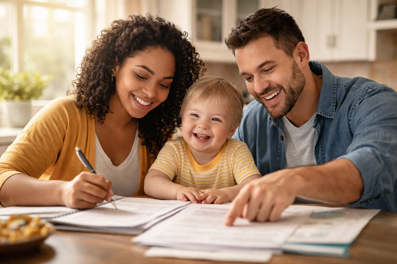 Georgia family reviewing Katie Beckett waiver application paperwork together at kitchen table