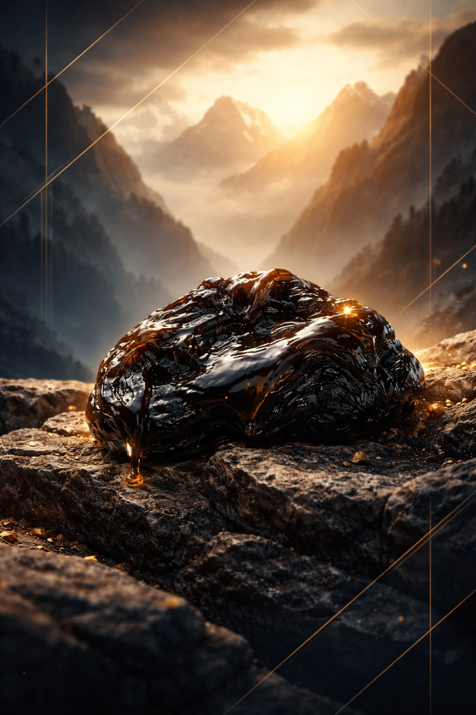 Raw shilajit resin on Himalayan rocks, illustrating natural sources of fulvic acid for cellular and longevity benefits.