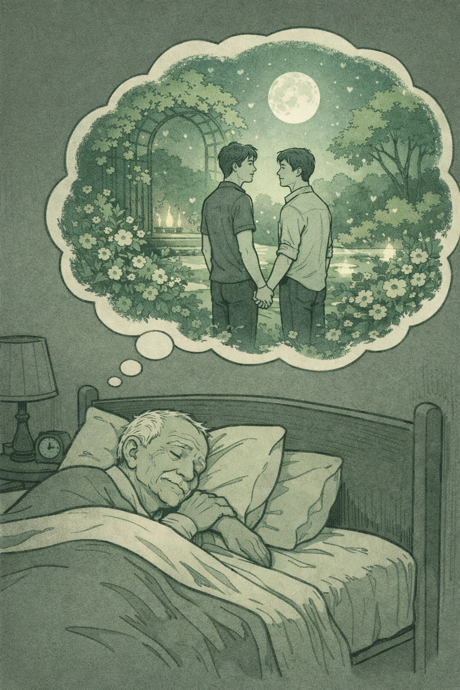 Closeted elderly man dreams of younger self with male lover in moonlit garden - MM romance theme