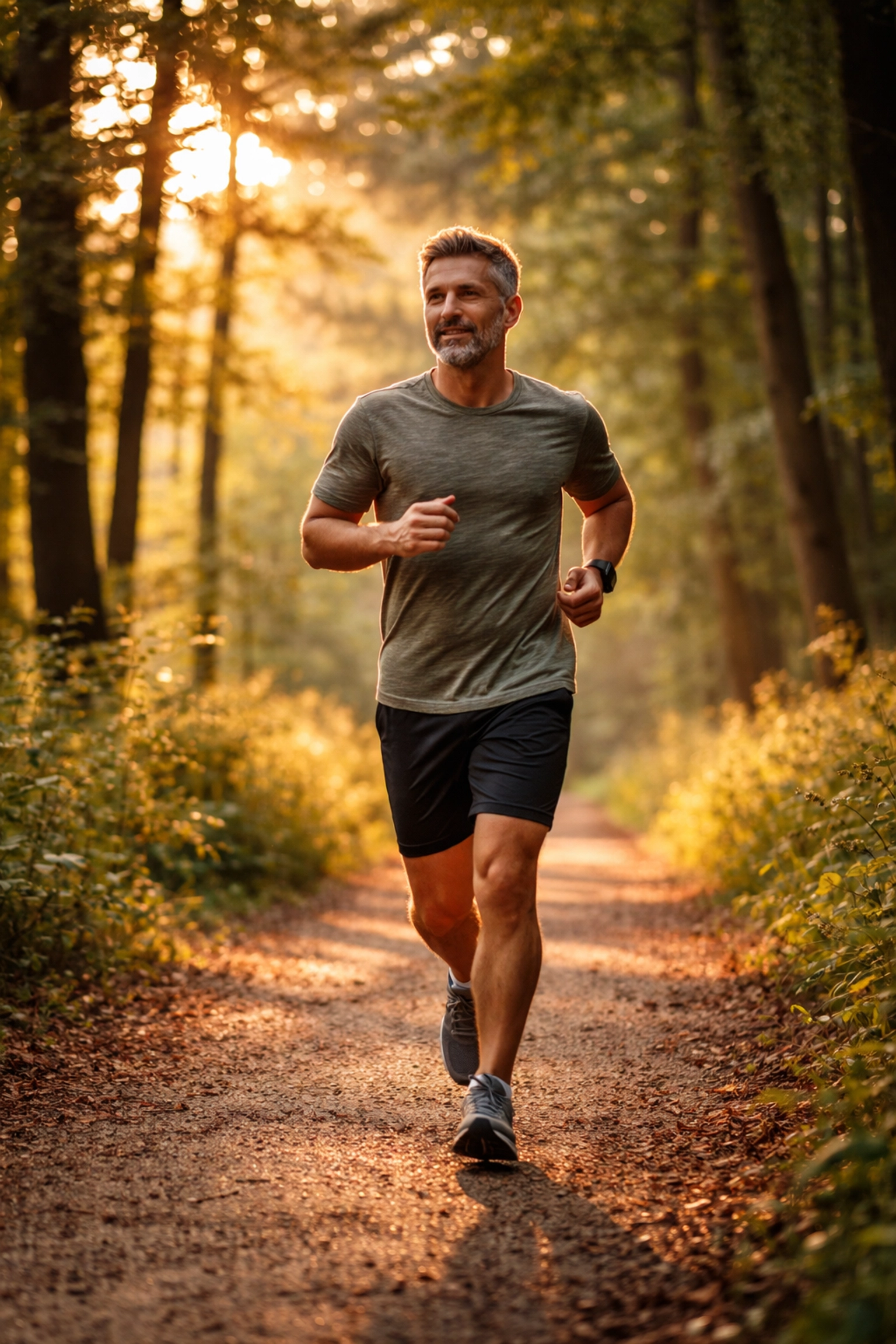 Középkorú férfi fut egy napsütötte erdei úton, a merevedési zavar életmódváltással történő leküzdése során.