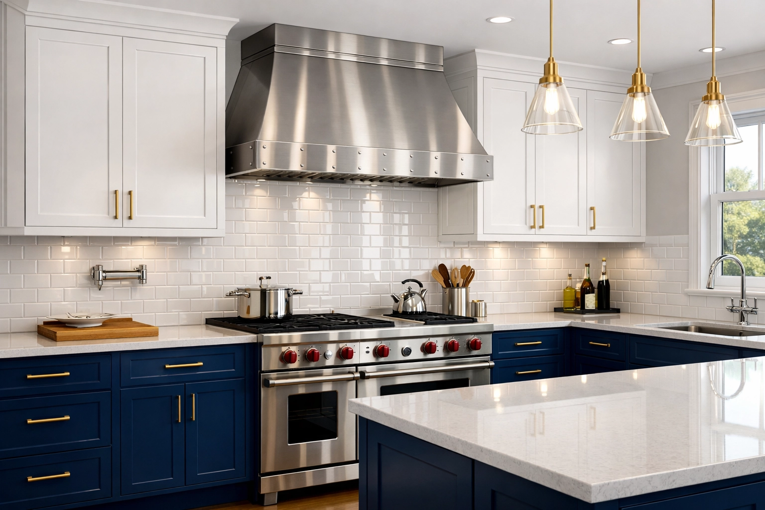 Sanitized and sparkling chef's kitchen with polished white subway tiles in a Martha's Vineyard home.