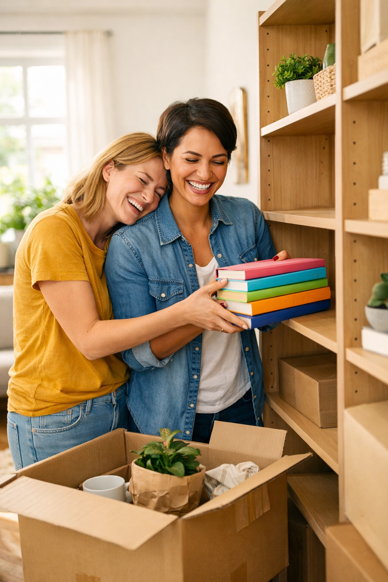 A lesbian couple organizes gay novels in their new home, marking the nesting relationship milestone.
