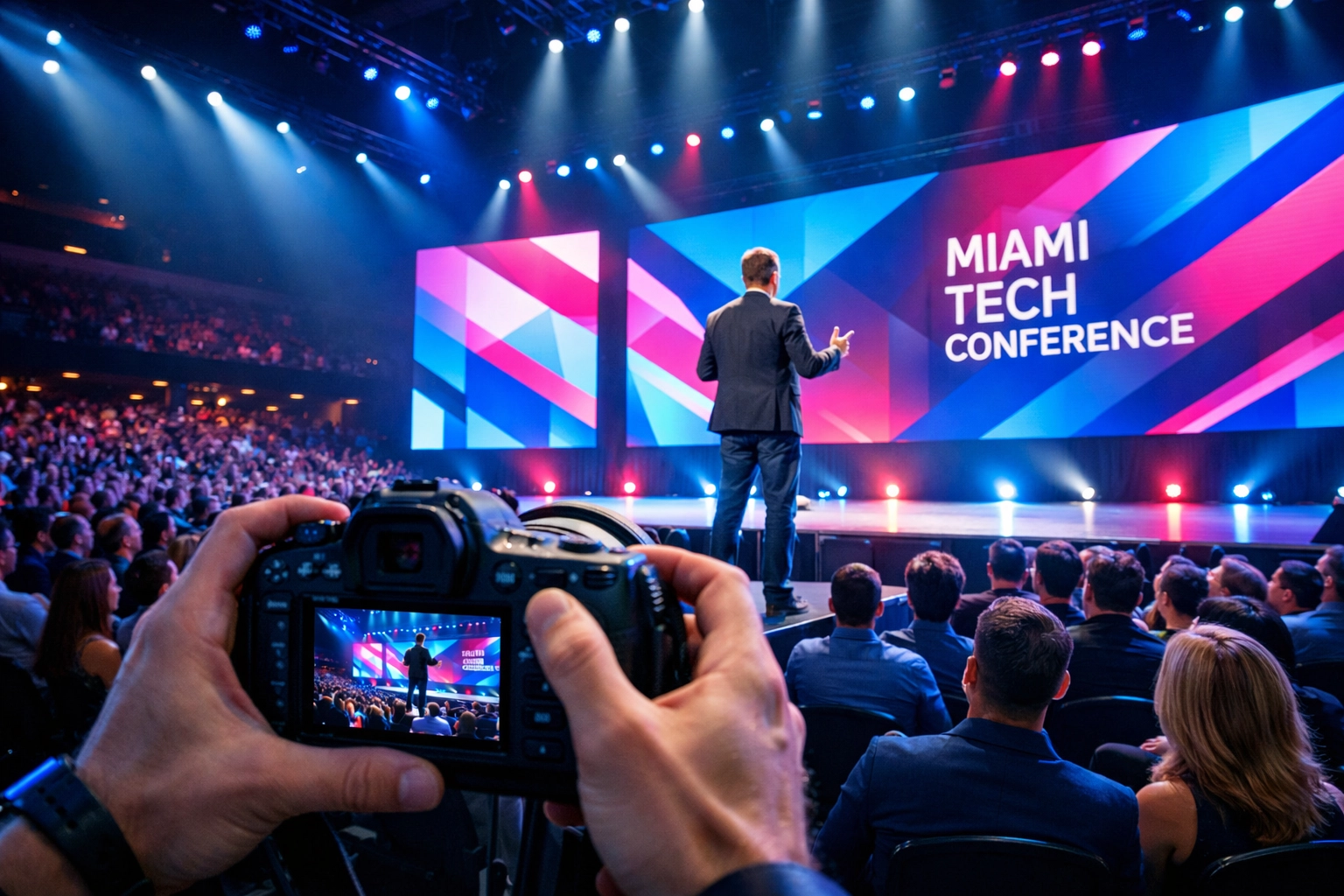 Miami conference photographer capturing a speaker and audience at a high-energy corporate event.