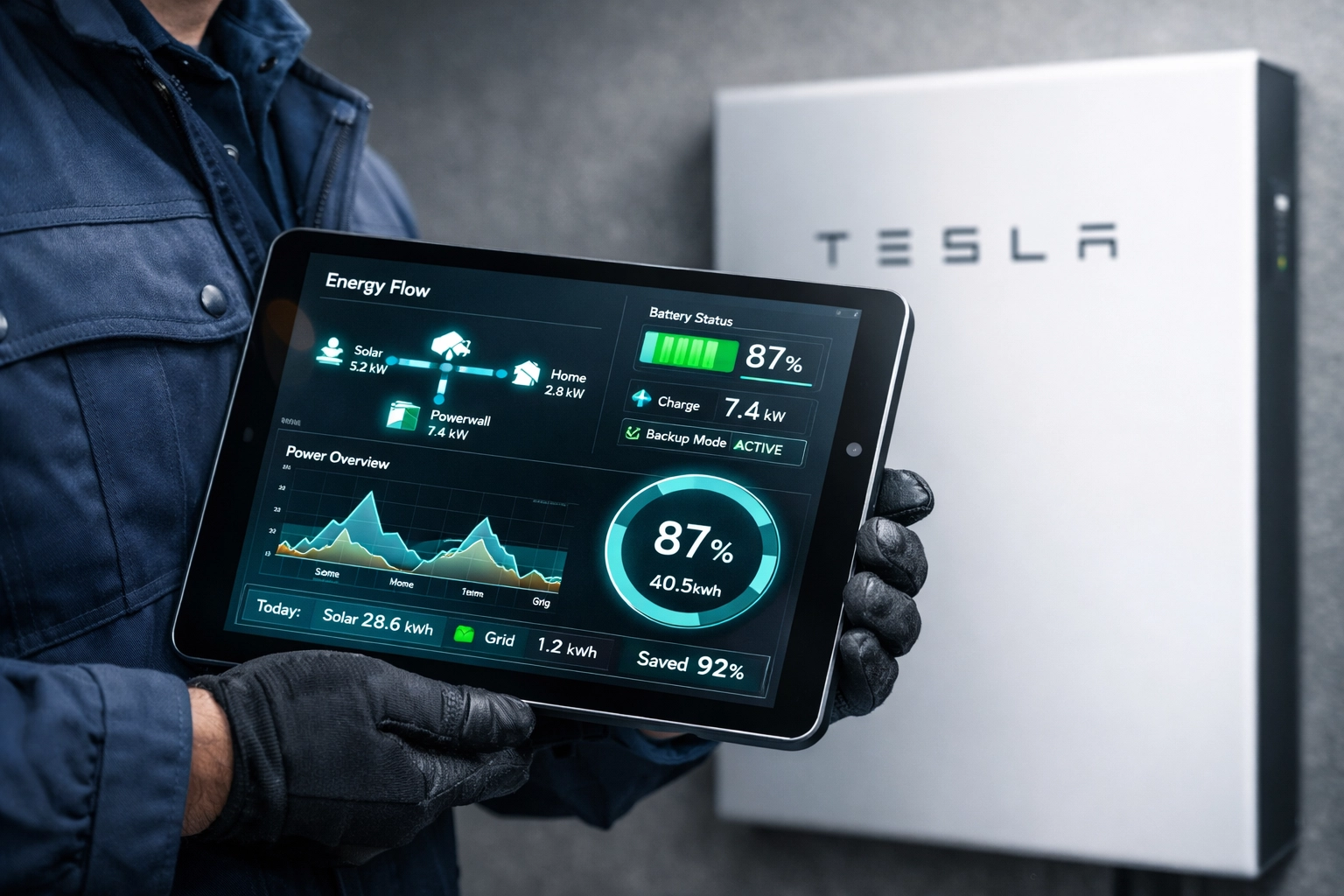 Solar technician using a digital dashboard to monitor a home energy system with Tesla Powerwall storage.
