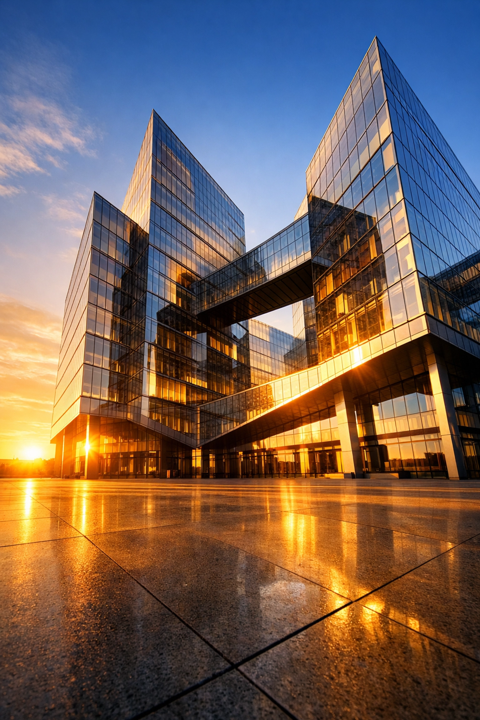 A modern glass corporate headquarters at sunrise representing a lasting business legacy