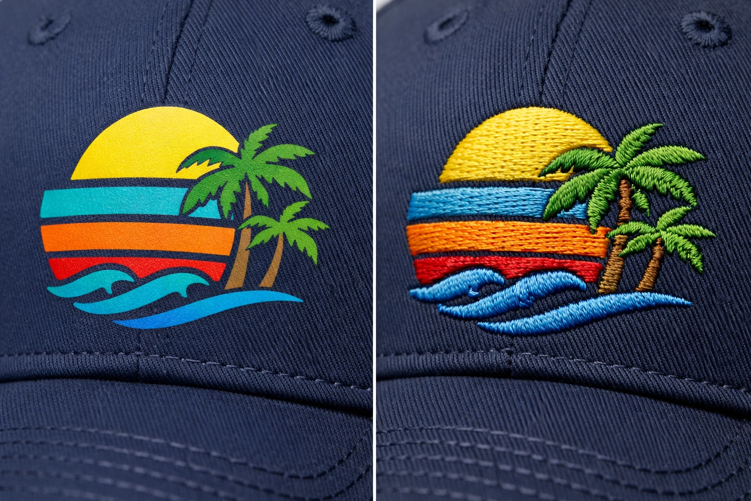 Side-by-side comparison of transfers vs embroidery on custom logo hats