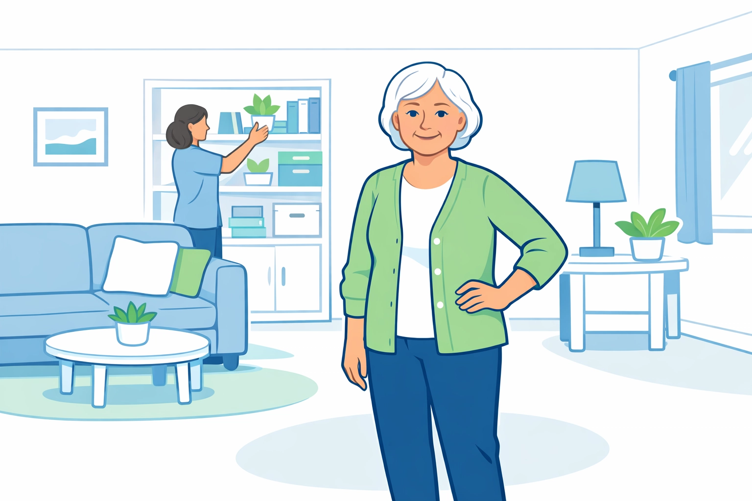 Senior woman in organized living room with caregiver providing light housekeeping services