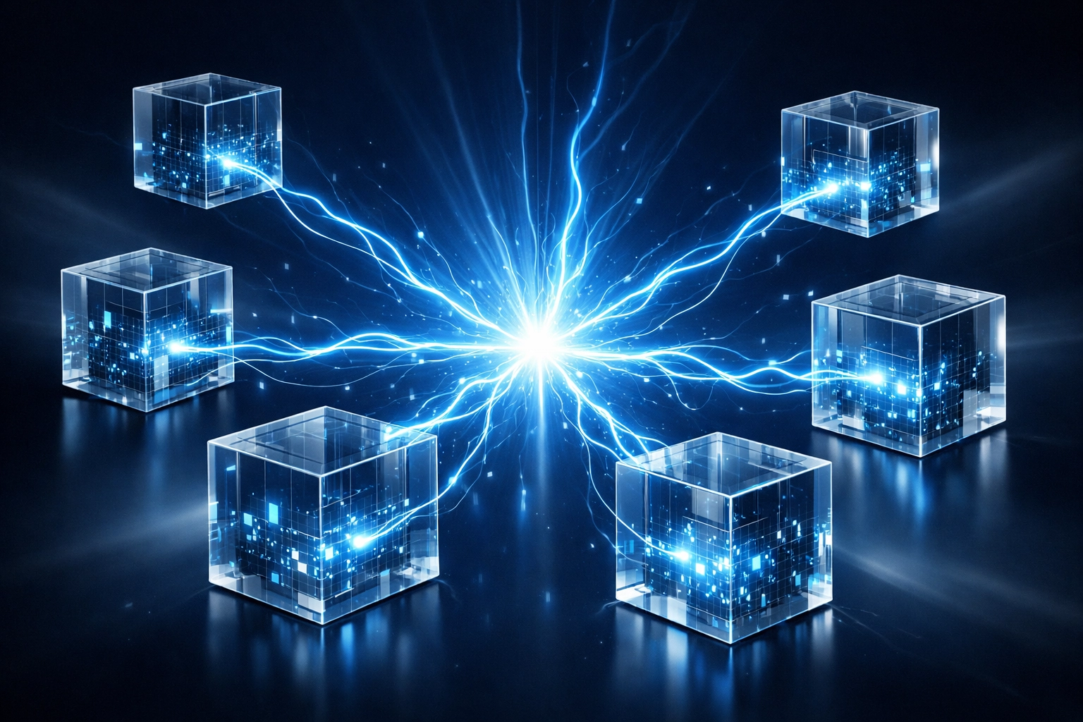 Light pulses connecting floating data silos, symbolizing unified business operations through AI integration.