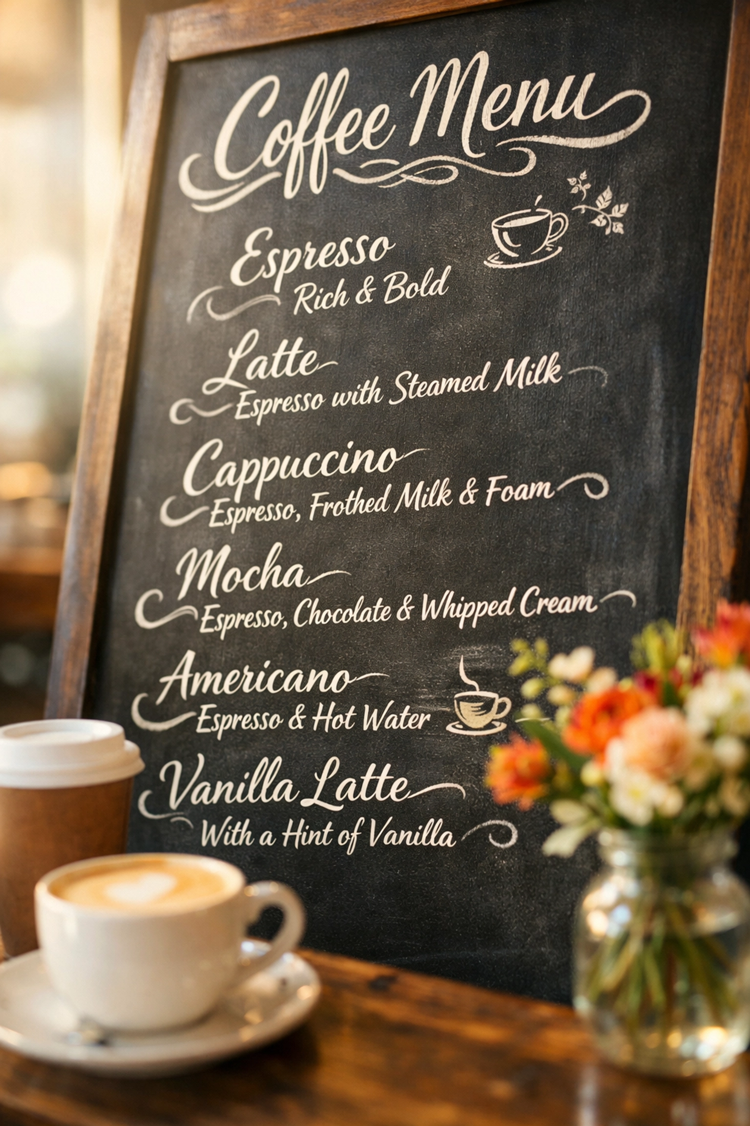 Café chalkboard menu featuring handwritten seasonal coffee descriptions