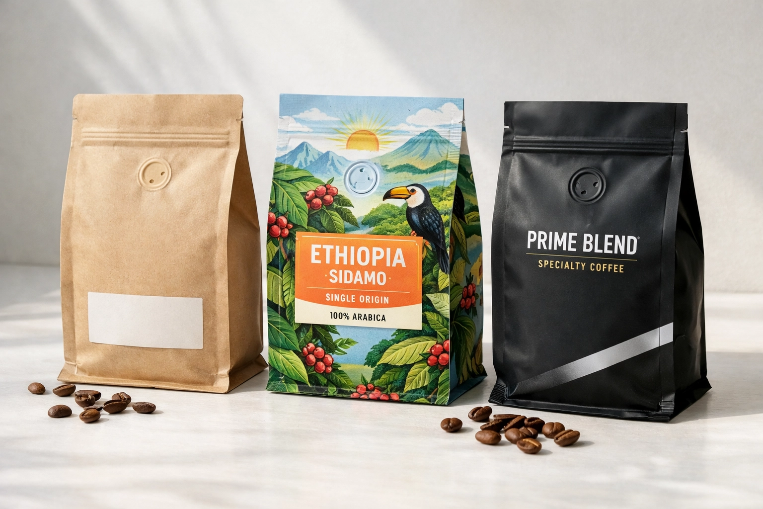 Different specialty coffee packaging styles from various roasters and suppliers