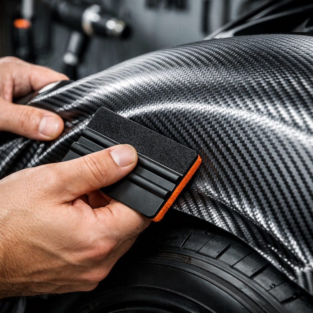 Professional vinyl wrap application on a vehicle fender using specialized tools in a print shop.