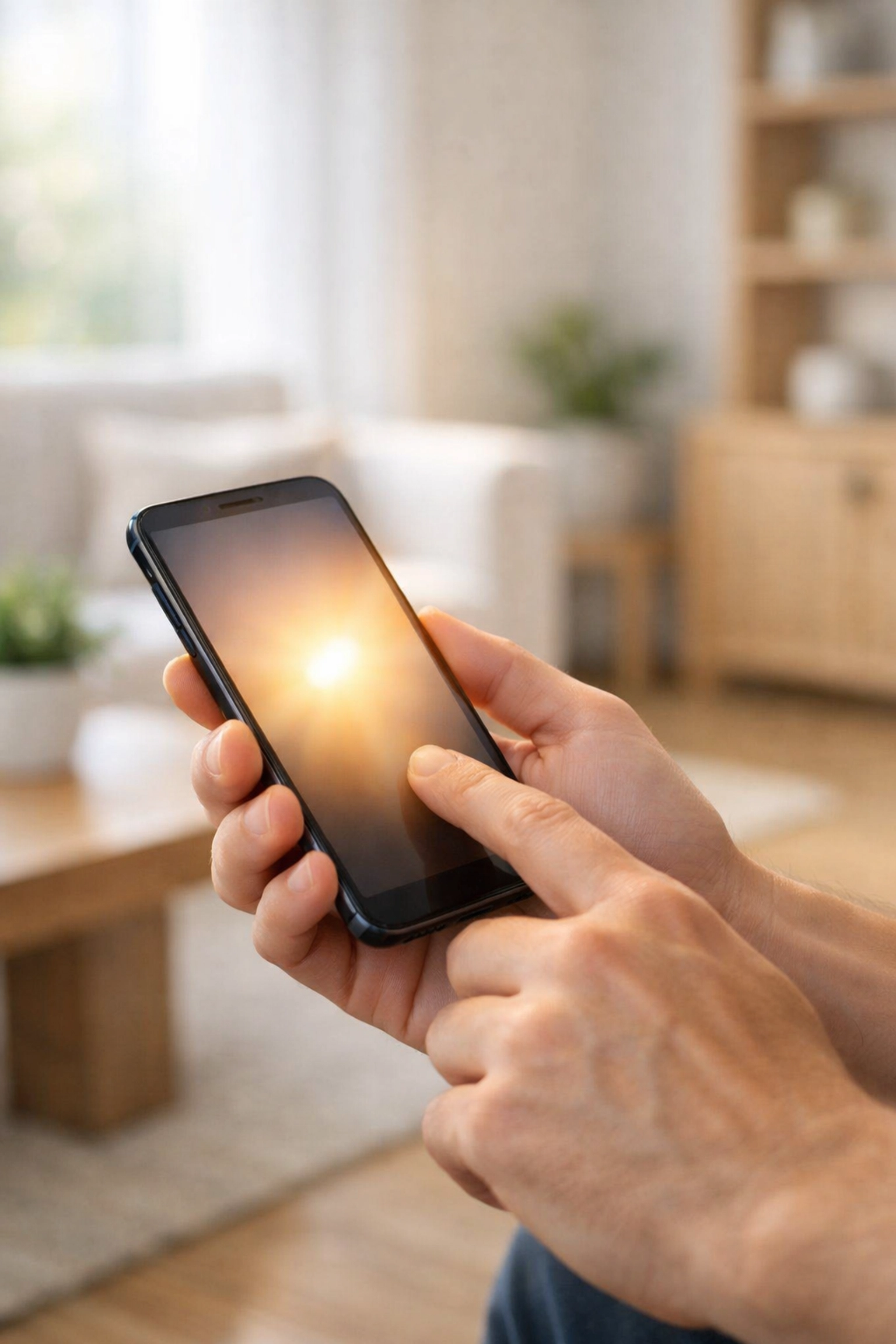 Applying for a fast emergency loan in Canada using a smartphone in a bright living room.