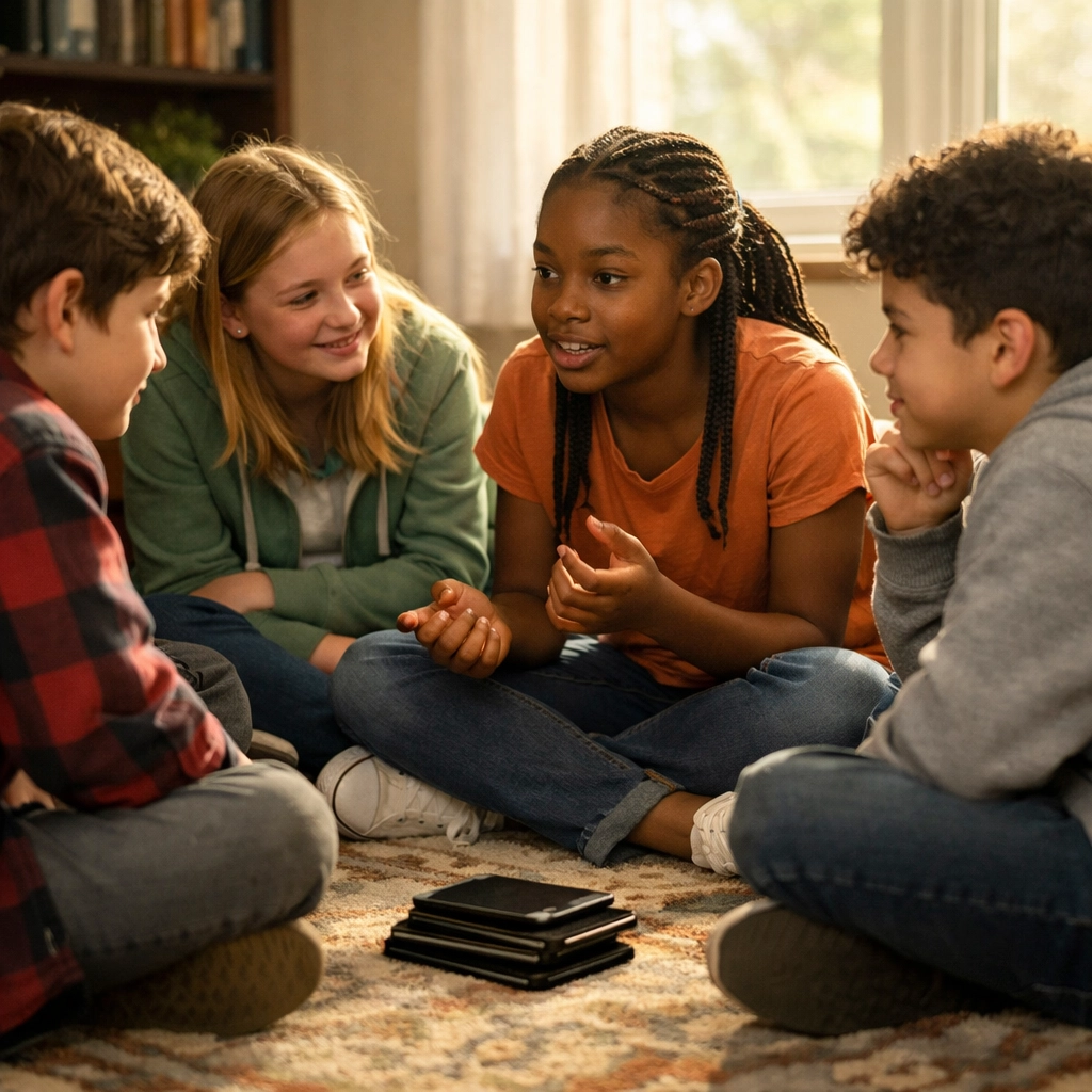 A group of middle school students sitting in a circle during a youth group session, leaving their phones face down on the floor while listening intently to a peer.