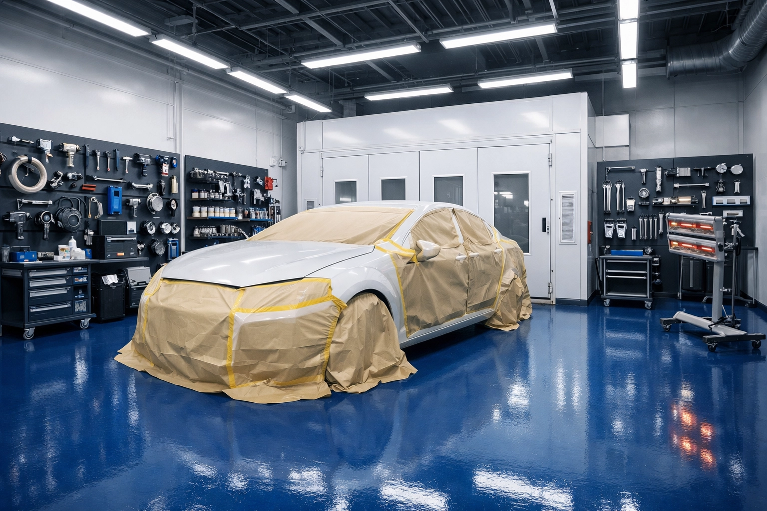 Spotless auto body shop service bay in Saugus with organized tools and dust-free floors.