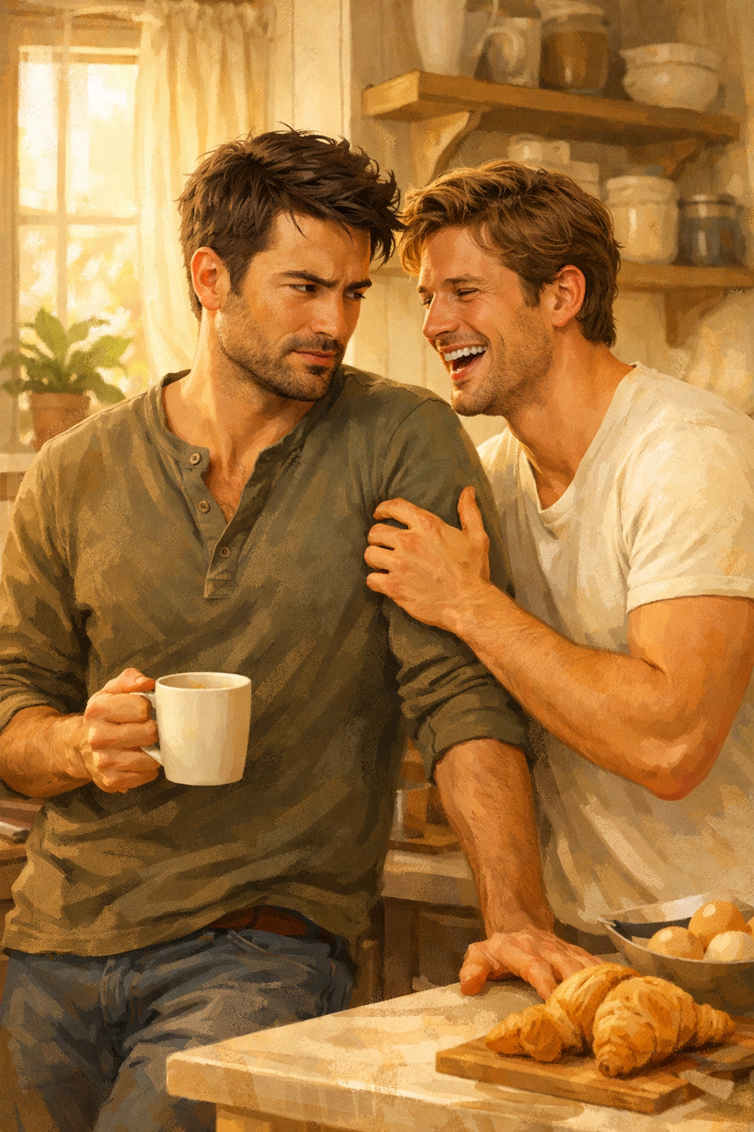 Men in an intimate kitchen scene, depicting the popular grumpy-sunshine trope found in adult MM romance books.