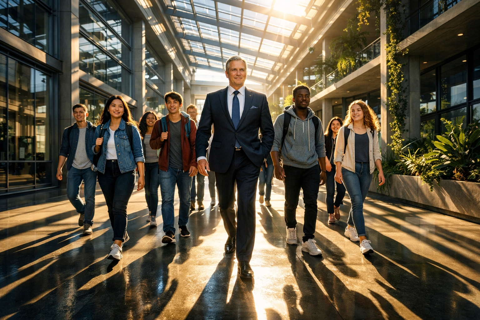 Executive leader mentoring students in a Future Ready school building for long-term talent growth.