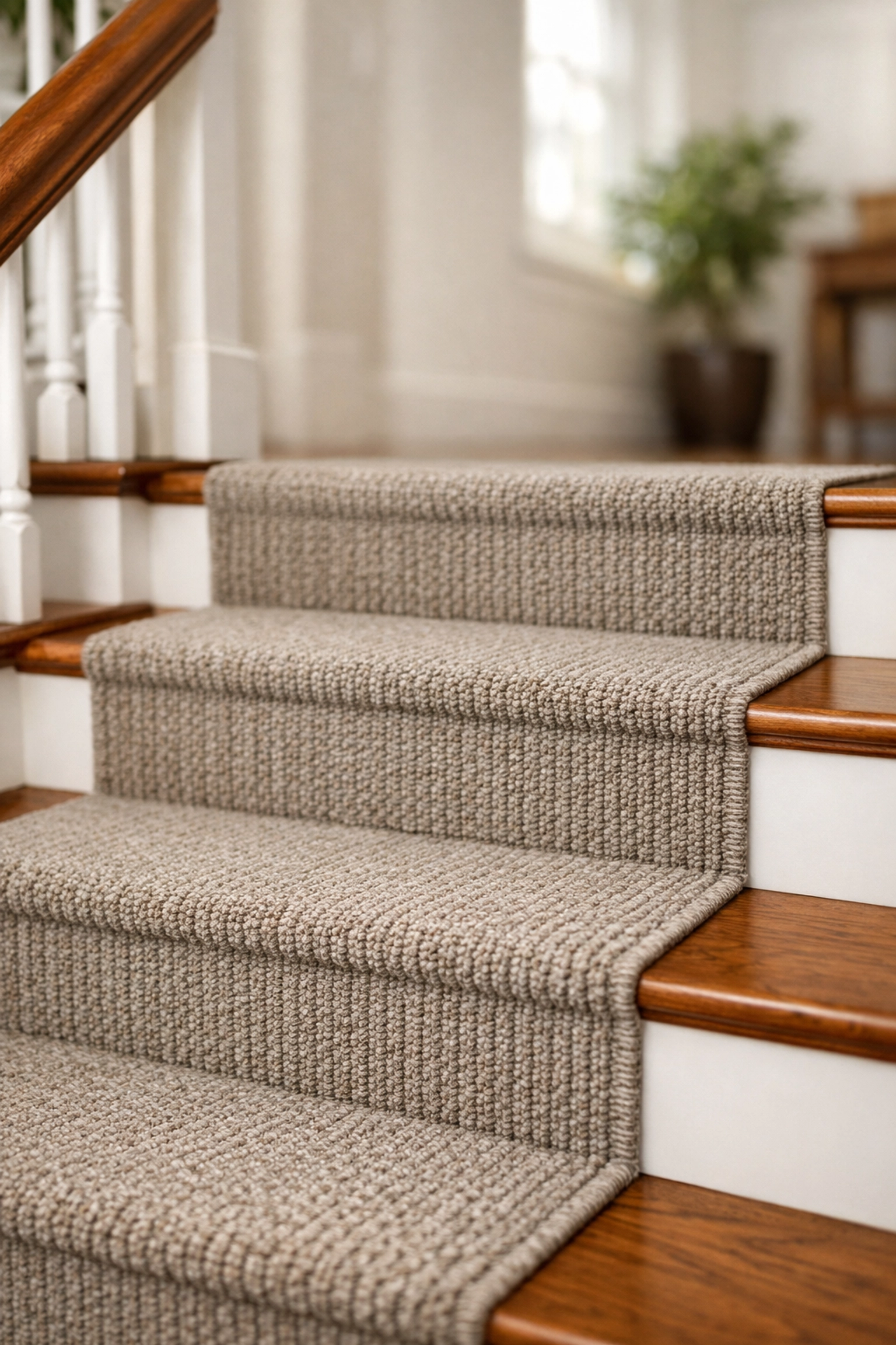 Detailed view of stairs with a high-traction carpet runner and secure, well-maintained tread edges.
