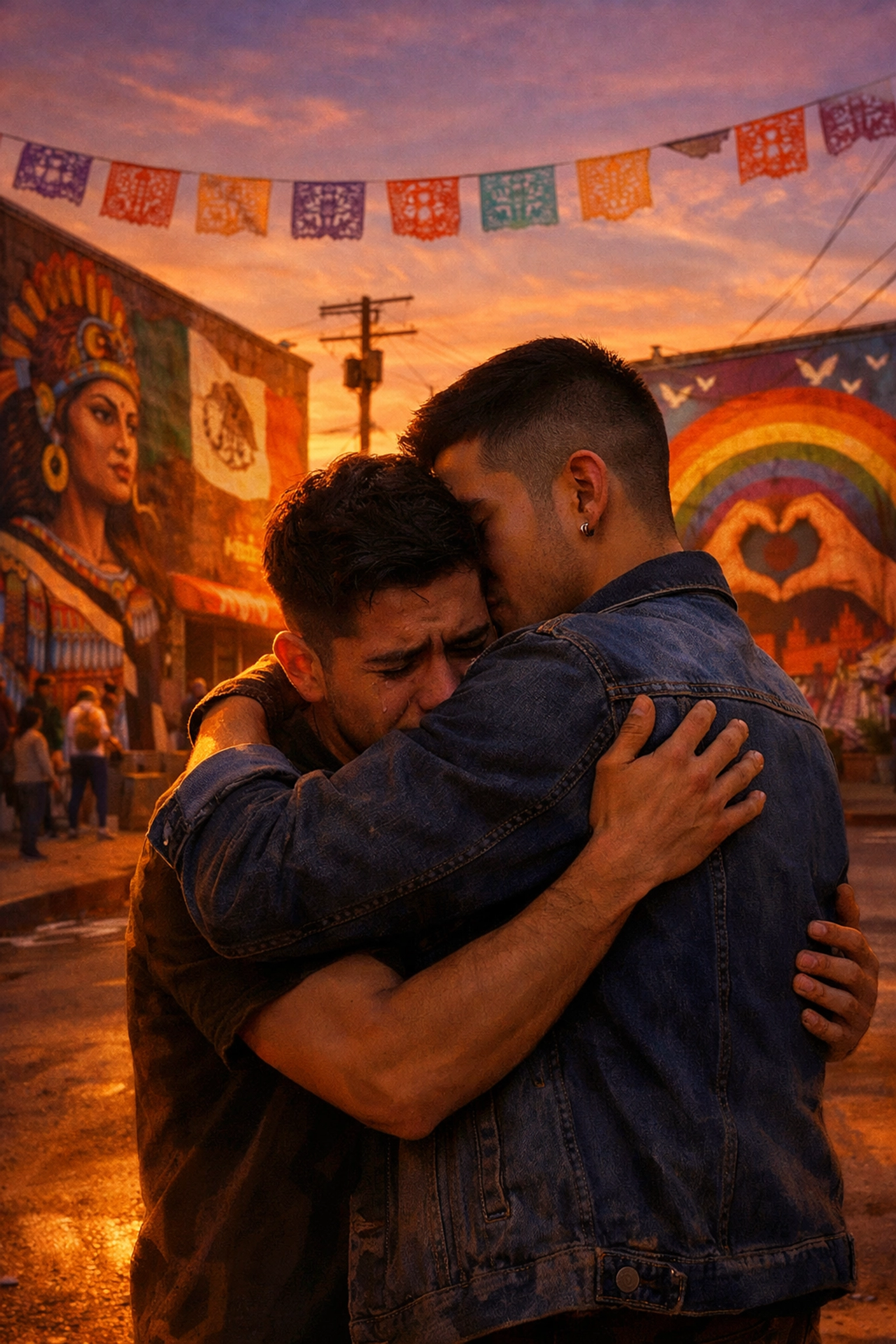 Gay Latinx couple embracing in urban neighborhood representing queer pride and cultural identity