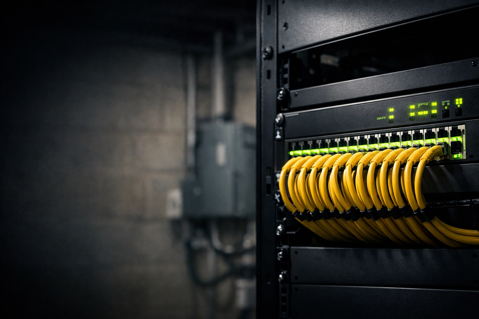 Close-up of a modern network switch and organized cabling representing secure technology infrastructure in the Midwest.