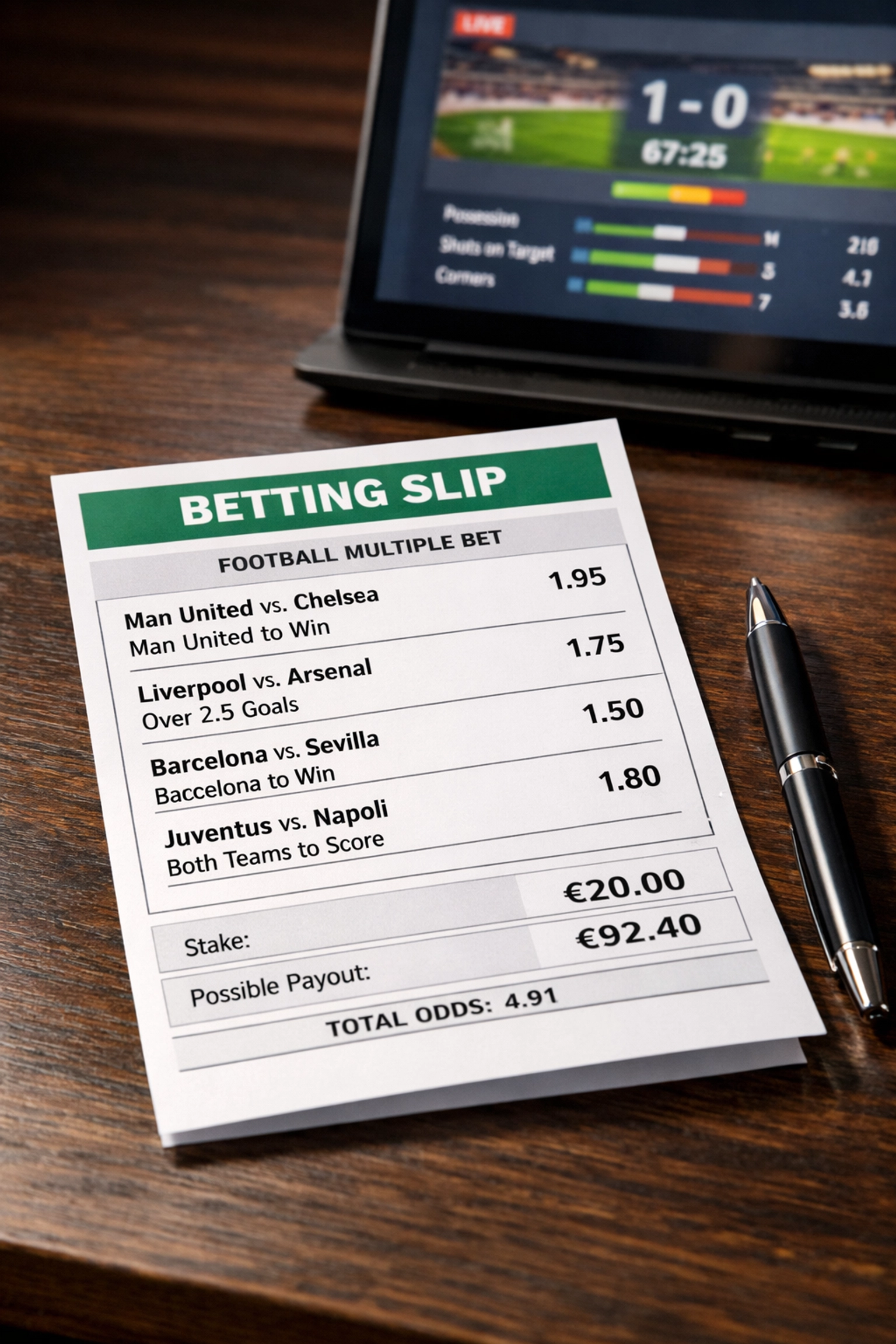 Wettschein mit Dezimalquoten für Fußballwetten und Laptop auf Schreibtisch