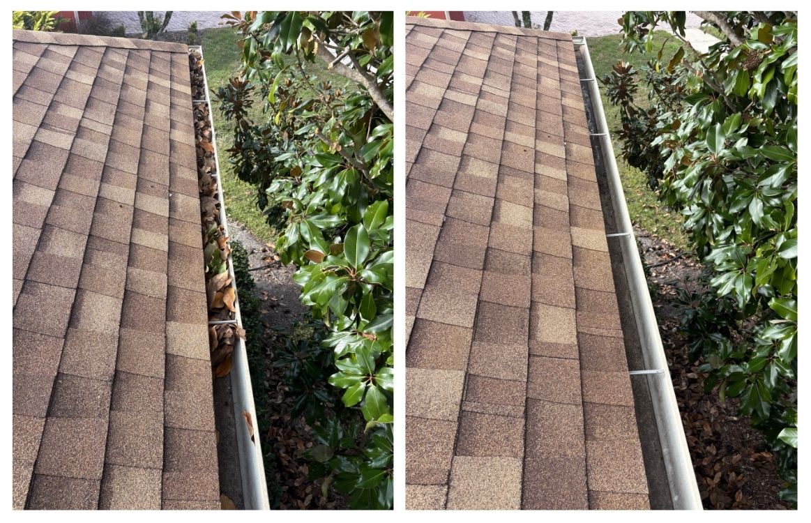 Professional gutter brightening removes both debris and the deep stains that dull your home's appearance